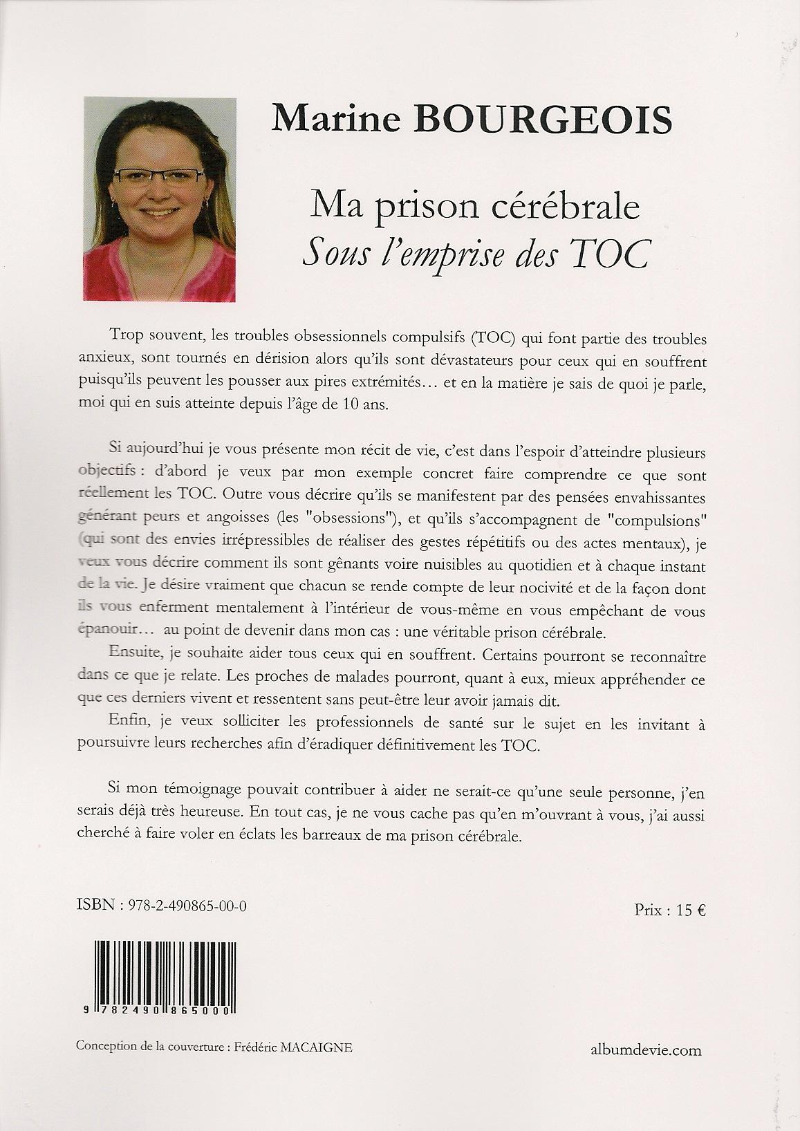 4e de couverture Ma prison cérébrales Sous l'emprise des TOC Marine Bourgeois